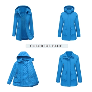 Detail view of bright blue waterproof parka showing diamond quilted lining and hood