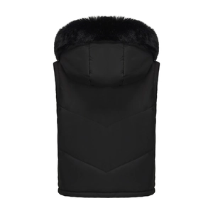 Detailed back view of black hooded vest featuring plush fur collar and V-shaped quilting