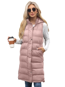 Women's long quilted hooded puffer vest in dusty rose with zip and button closure