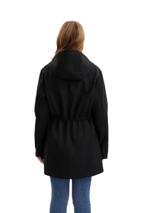 Back view of black hooded windbreaker with drawstring waist and longline fit for women