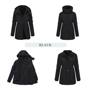 Detail view of women's black winter parka showing diamond quilted fleece lining and hood
