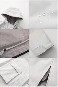 Close-up of waterproof grey rain jacket with fleece lining and adjustable hood detail