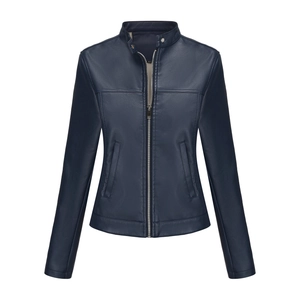 Detail of navy faux leather jacket featuring stand collar with snap and front zipper