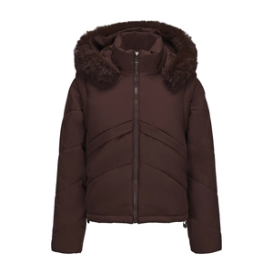Detail of a dark brown quilted hooded jacket featuring a large faux fur collar and zipper