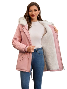 Damen Parka in Rosa mit Kapuze, weißem Kunstfellkragen und warmem Fleece-Innenfutter
