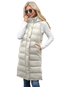 Women's long hooded puffer vest in cream white with side zippers and quilted design