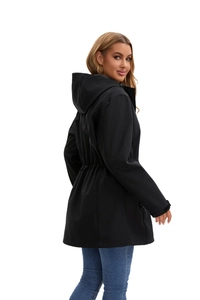 Detail view of women's black hooded outdoor jacket featuring adjustable waist and cuffs