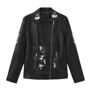 Women's black PU leather biker jacket featuring delicate floral embroidery and slim fit