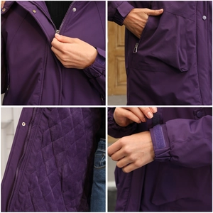 Detailed views of purple outdoor jacket showing fleece lining and adjustable cuffs
