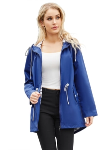 Women's dark blue waterproof hooded raincoat with striped lining and waist drawstring