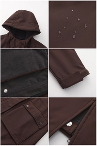 Detail view of coffee waterproof jacket with fleece lining and adjustable velcro cuffs