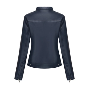 Detail view of navy blue faux leather jacket back with cuff zippers and waist buckles