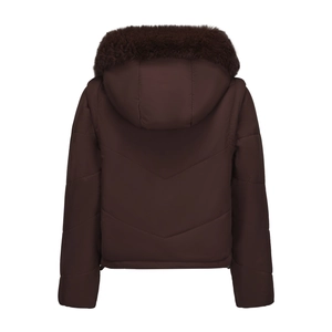 Detailed back view of a dark brown hooded winter jacket with a plush faux fur collar trim