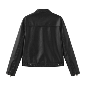 Rear view of a black moto jacket showing sleeve zippers and adjustable waist buckles