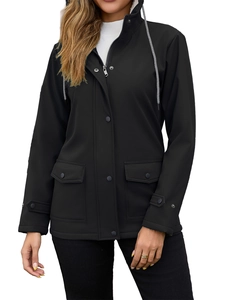 Close-up of black hooded windbreaker with front zipper, flap pockets and drawstring hood