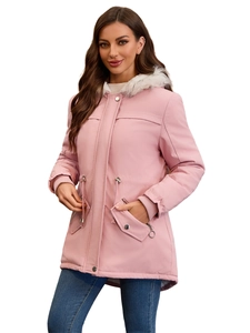 Damen Parka in Hellrosa mit Kunstfellkapuze, mittellange Winterjacke mit warmem Futter