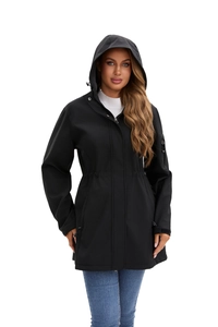 Detail of dark grey hooded softshell jacket featuring functional zipper pockets and drawstring waist