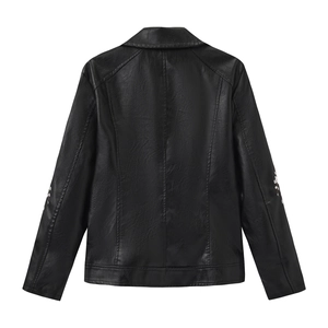 Detailed back view of women's black leather jacket with floral embroidery on cuffs
