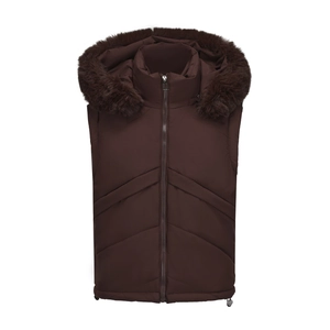 Detail of winter puffer vest with detachable plush faux fur hood and V-quilted texture
