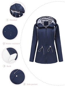 Women's dark blue water-resistant hooded raincoat with striped lining and drawstring waist
