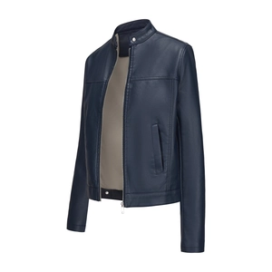 Detail of dark blue leather jacket featuring stand collar and silver metal zipper closure