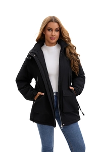 Detail of a black hooded parka featuring silver metal zippers and large flap pockets