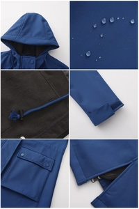Detailed views of waterproof blue hooded jacket with warm fleece lining and pockets