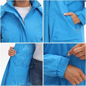 Detail of bright blue hiking jacket showing quilted lining and windproof zipper pockets