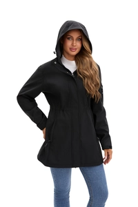 Detail of black hooded softshell jacket with waist drawstring and zippered side pockets