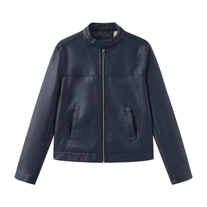 Detailed view of navy blue faux leather jacket featuring stand collar and zipper pocket