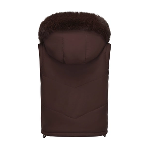 Detail of a brown quilted puffer vest with thick faux fur hood and windproof drawstring hem