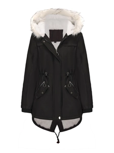 Schwarzer Damen Winterparka mit weißem Kunstpelzbesatz und warmem Fleecefutter