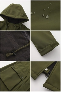 Detail of army green rain jacket showing fleece lining and waterproof shell surface