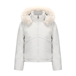 Detail of the cozy beige faux fur hood and white windproof fabric on this winter jacket