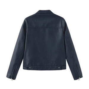 Back view of a navy blue PU leather biker jacket with stitching and metal zipper cuffs