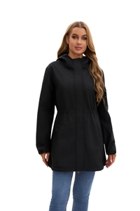 Close-up of women's black hooded windbreaker featuring waist drawstrings and zipper pockets