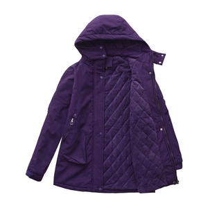Detail of purple hiking jacket showing thermal fleece lining and quilted diamond pattern