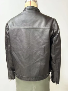Rear view of black leather jacket with stand collar and decorative stitching details