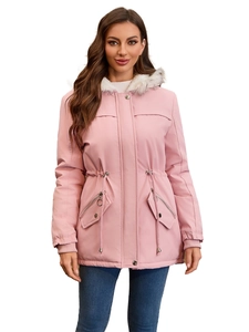 Rosa Parka mit Kapuze für Damen mit weißem Kunstpelzbesatz und verstellbarem Kordelzug