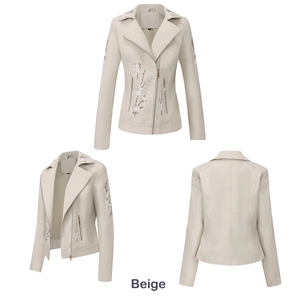Vues détaillées de la veste de motard en similicuir beige avec broderie florale et zip