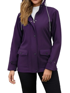 Detail view of purple hooded jacket with double closure zipper and large flap pockets