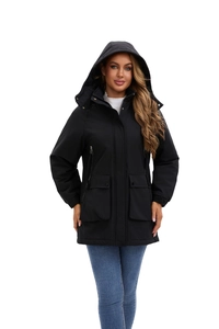 Detailed close-up of a black hooded winter parka with waterproof fabric and large pockets