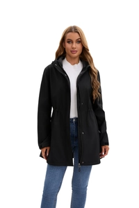 Front view of a dark grey hooded softshell jacket with drawstring waist and pockets