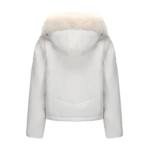Rear view of white quilted puffer jacket with fluffy faux fur hood and V-shaped stitching