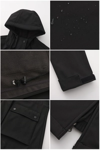 Close-up of waterproof fabric texture and warm fleece lining on black outdoor jacket