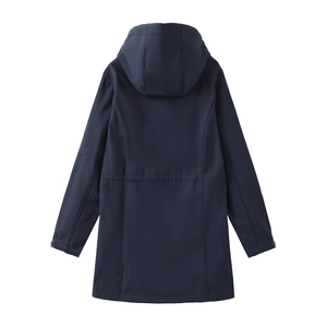 Rear view of a navy blue hooded outdoor jacket with waist cinching and adjustable cuffs