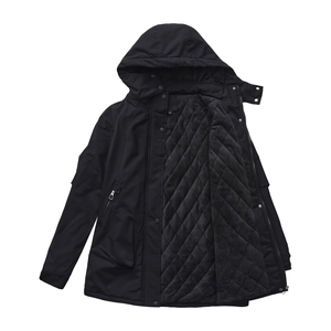 Detail of windproof black parka featuring grey diamond quilted lining and hooded design