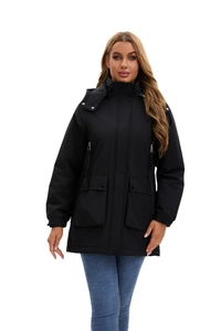 Front view of women's black hooded parka jacket featuring functional pockets and zip closure