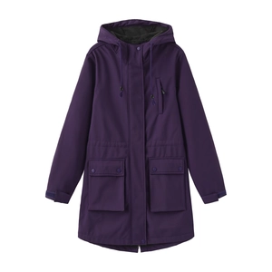 Detail of dark purple hooded rain jacket with adjustable drawstrings and flap pockets