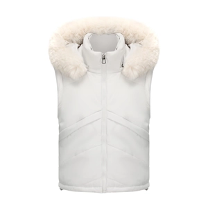 Detail of white hooded vest featuring premium faux fur trim and V-shaped quilted design